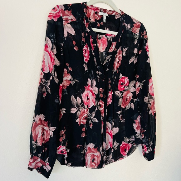 Joie floral silk blouse v-neck long sleeve boho pleated front button down shirt - Picture 5 of 6